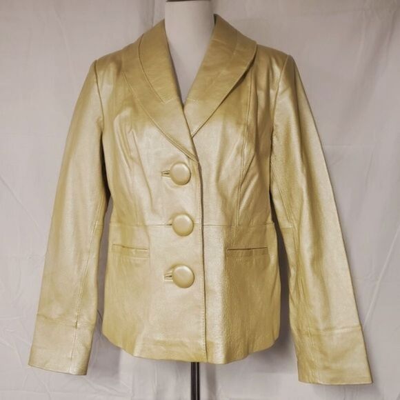 Terry Lewis Classic Luxuries Yellow Sparkle Leather Button Front Vintage Blazer - Picture 2 of 12